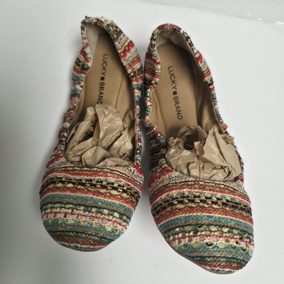 Lucky Brand Shoes - Lucky Brand Emmie Ballet Flats Boho Crochet Sequin Stripe Slip On Shoes Size 10